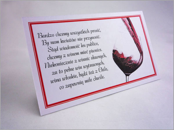 Karteczki bileciki do zaproszeń ślubnych z wierszykiem o winie